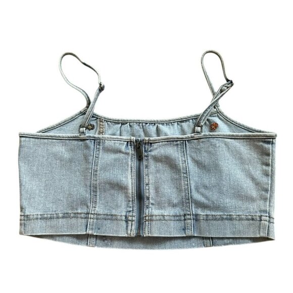 Indigo Rein Blue Denim Embroidered Floral Crop Top Zipper Back Corset, Medium - Picture 2 of 8